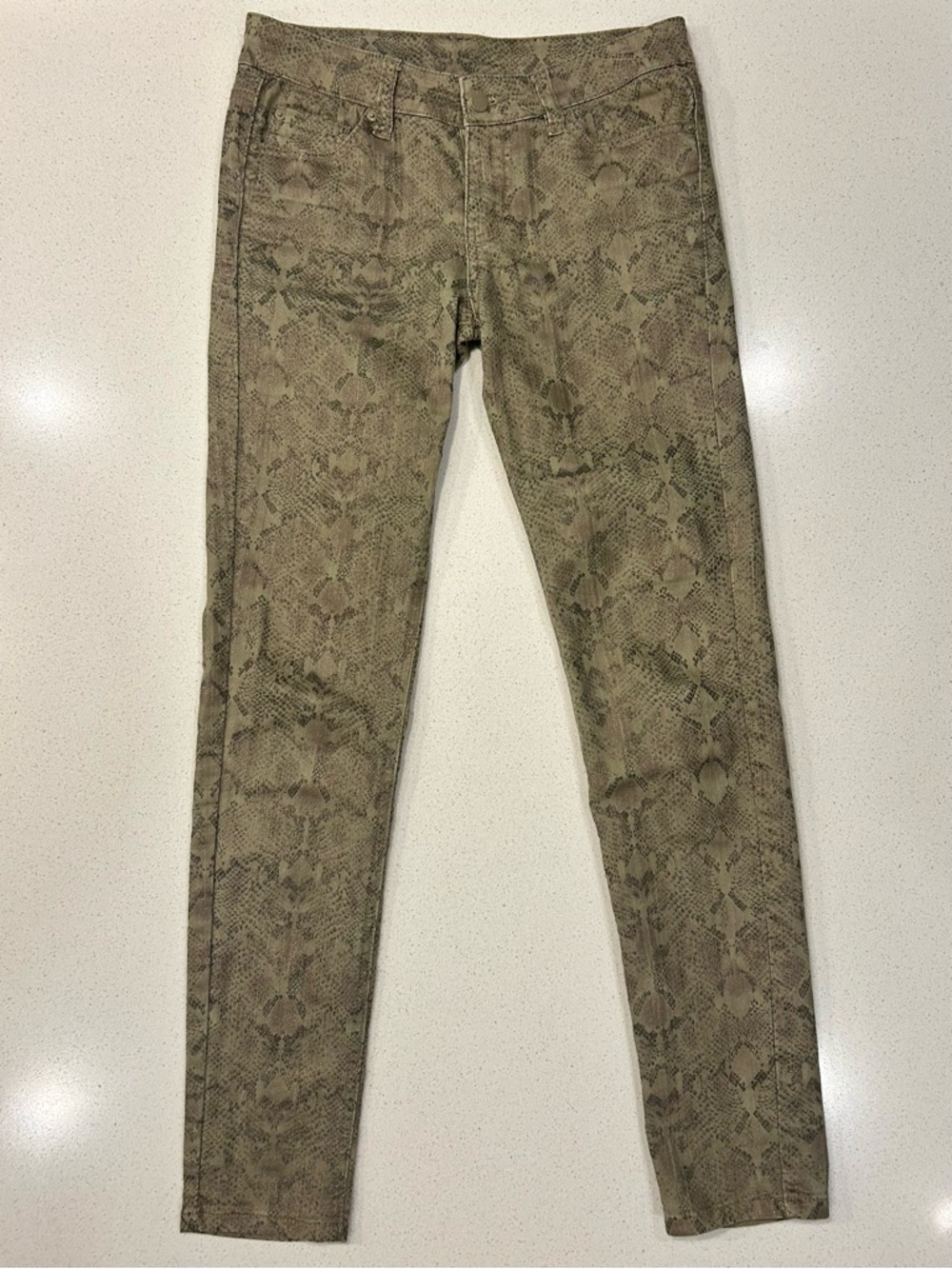 Bisou Bisou Snake Print Skinny Pants in Olive & Gold 2 inseam 28